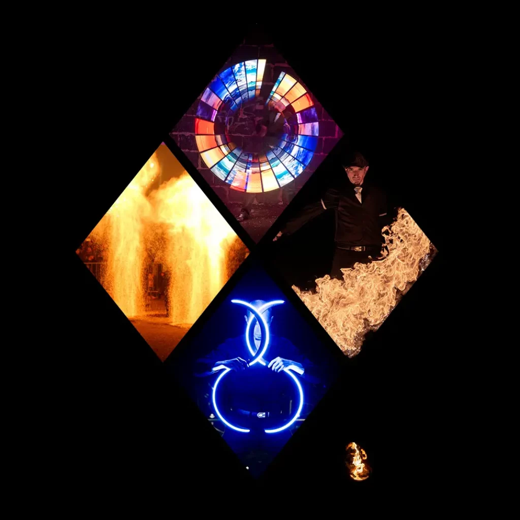 Mosaïque de photos de spectacles enflammés, lumineux et pyrotechniques
